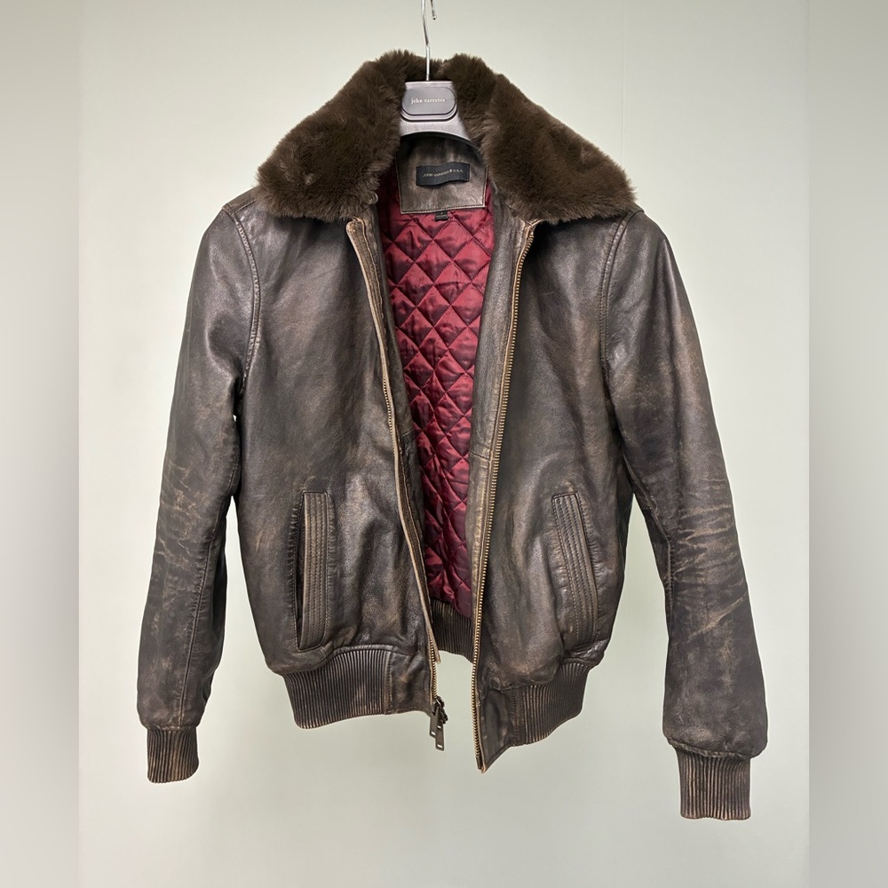John Varvatos TommyLeather Bomber with Removable Shearling Collar Small - Picture 2 of 16